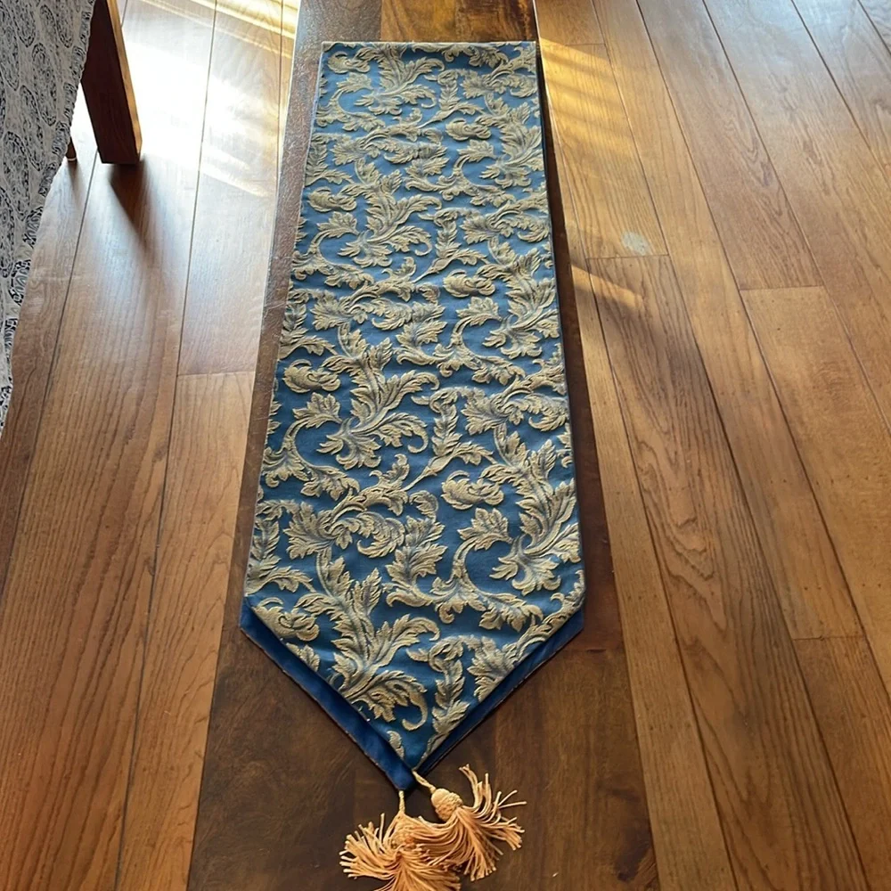 Elegant Blue & Gold Tapestry Table Runner - Crate&Barrel